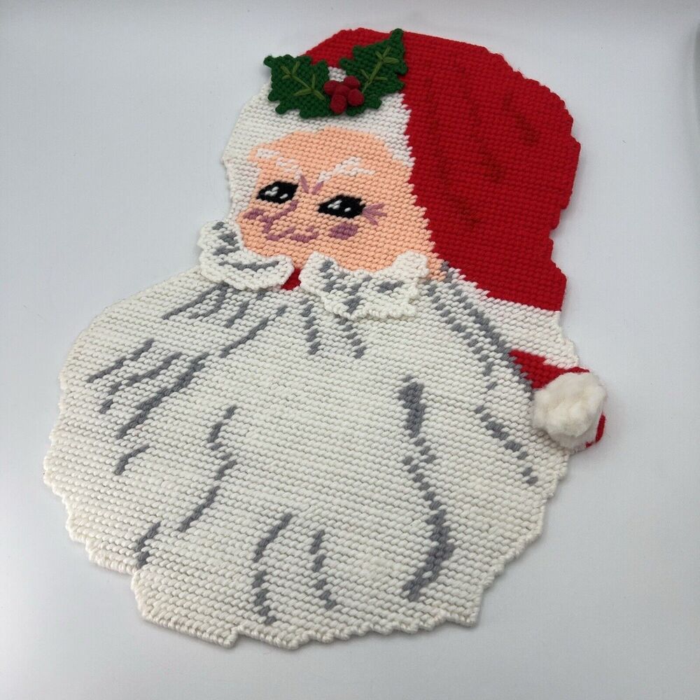 Vtg Christmas Needlepoint Santa Claus Door Hanger Plastic Canvas Kitschmas 16"